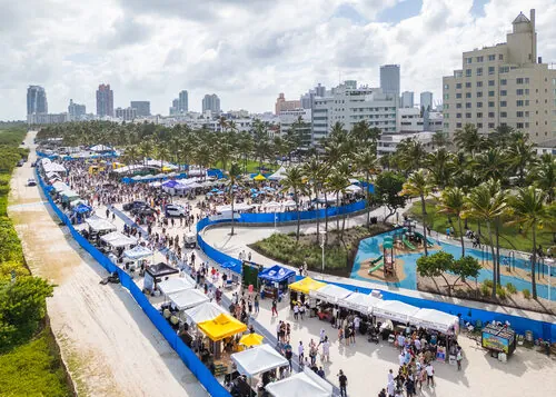 Aerial view of the beach festival crowd