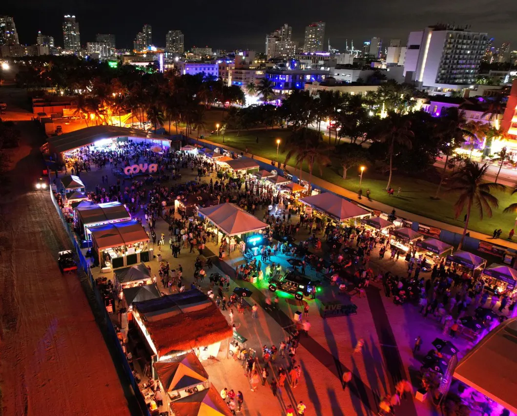 Aerial view of the Friday night festival on the beach